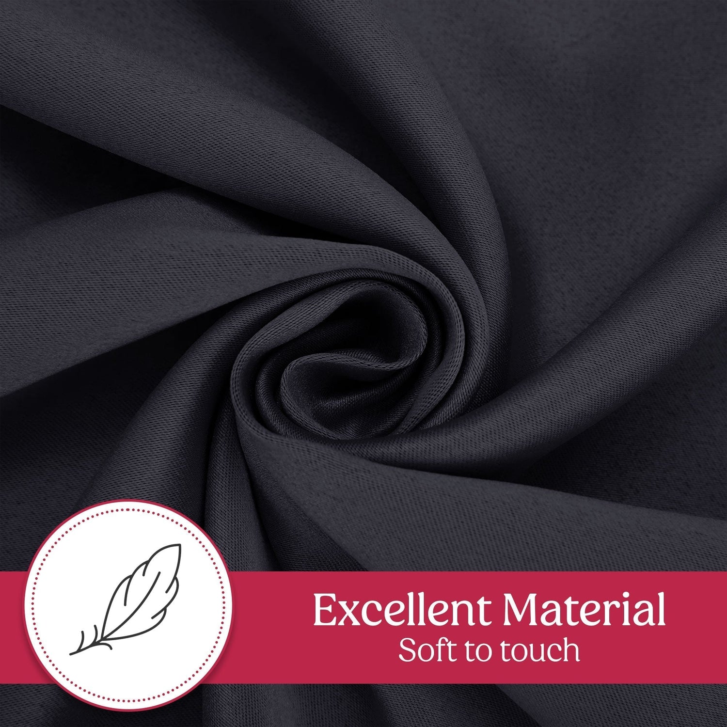 Dark blue fabric with a label indicating 'Excellent Material' and 'Soft to touch'.