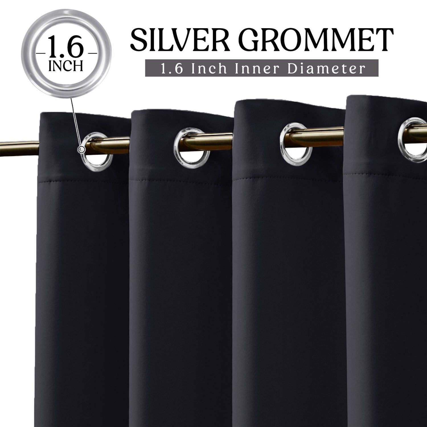 Black curtains with silver grommets on a white background, featuring text about grommet size.