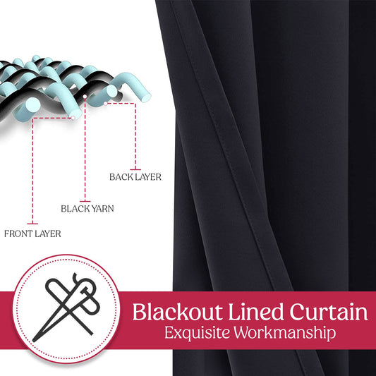 Black curtains hanging in front of a window with a lamp and wall art in the background.