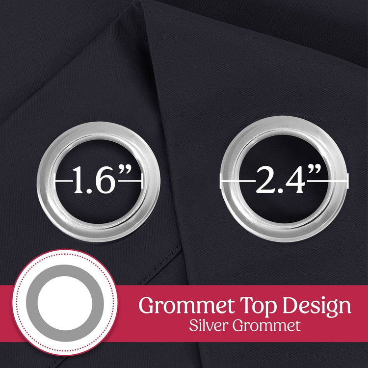 Silver grommets with labeled sizes on a dark fabric background, featuring 'Grommet Top Design' text.