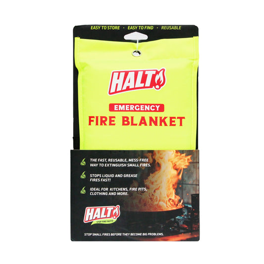 HALT fire fighting products including fire blankets and fire suppression spray on a white background