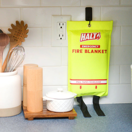 Four packages of HALT emergency fire blankets on a white background