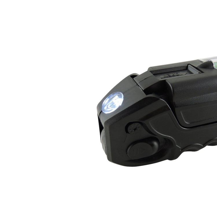 Black pocket knife with a flashlight on a white background