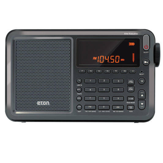 Portable radio with digital display and control buttons, featuring a brown leather case.