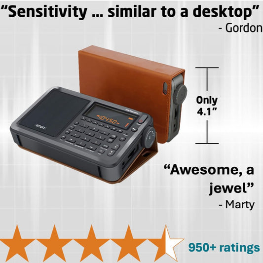 Portable radio with digital display and control buttons, featuring a brown leather case.