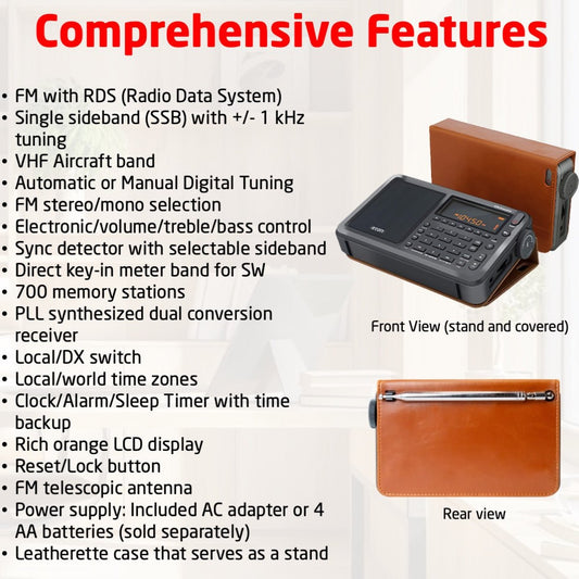 Portable radio with digital display and control buttons, featuring a brown leather case.