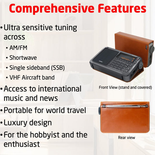 Portable radio with digital display and control buttons, featuring a brown leather case.