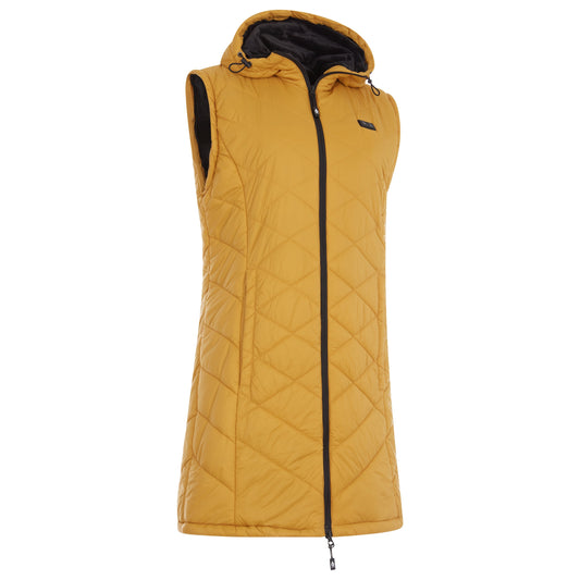Yellow quilted jacket with black zipper and trim on a white background