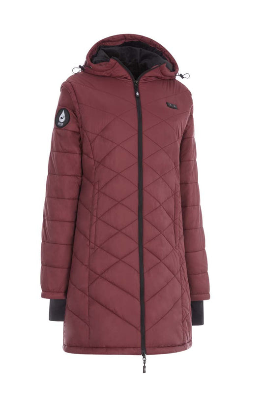 Maroon quilted jacket with a brand logo on a white background