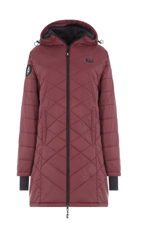 Maroon quilted jacket with a brand logo on a white background