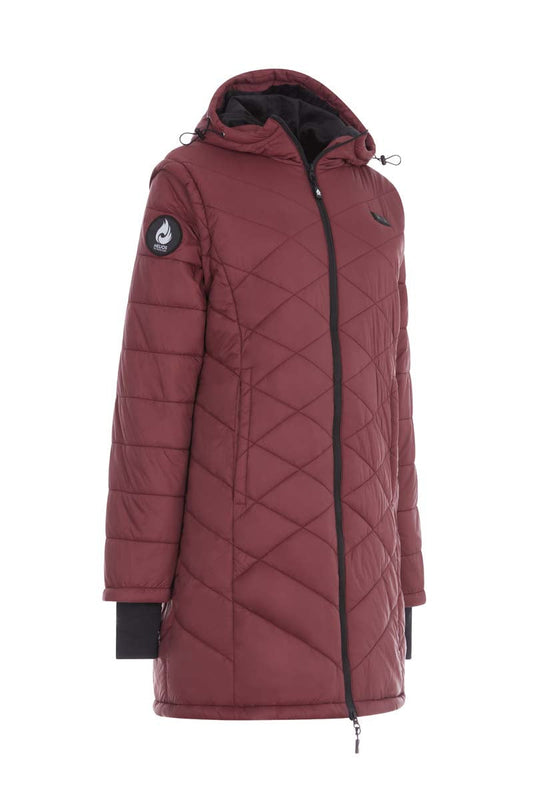 Maroon quilted jacket with a brand logo on a white background