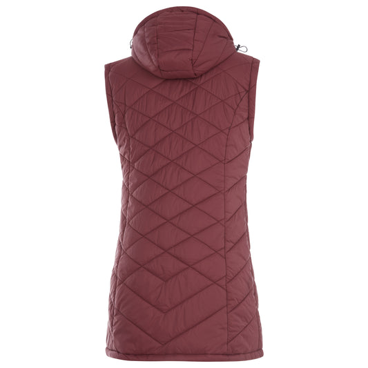 Maroon quilted jacket with a brand logo on a white background
