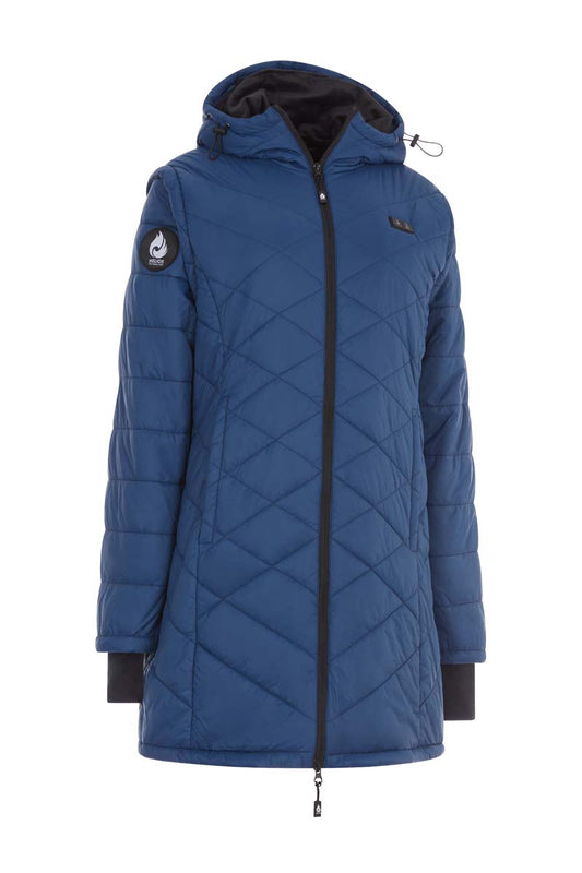 Blue quilted jacket with black accents on a white background