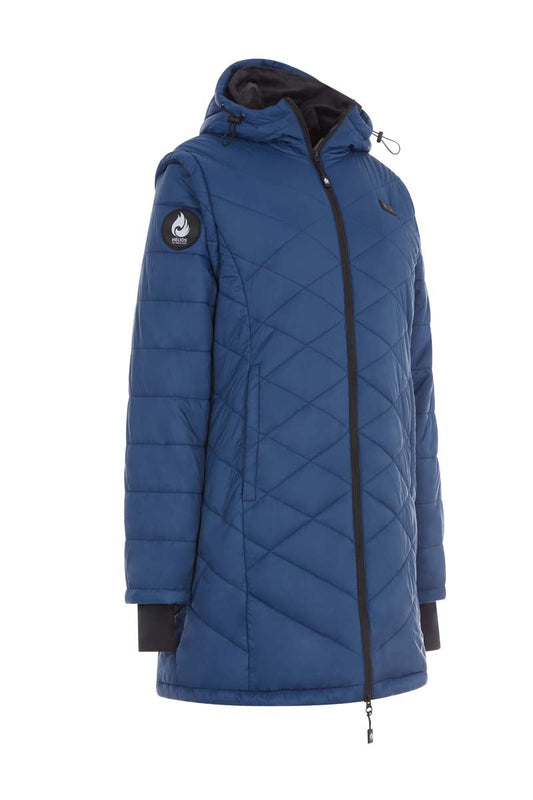 Blue quilted jacket with black accents on a white background