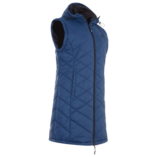 Blue quilted jacket with black accents on a white background