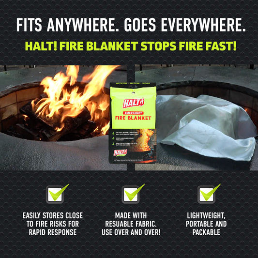 Four packages of HALT emergency fire blankets on a white background