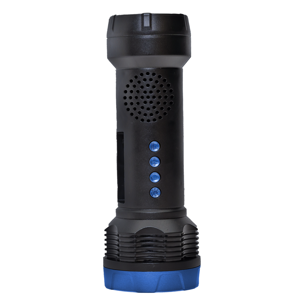 Black and blue flashlight with three blue buttons on a white background