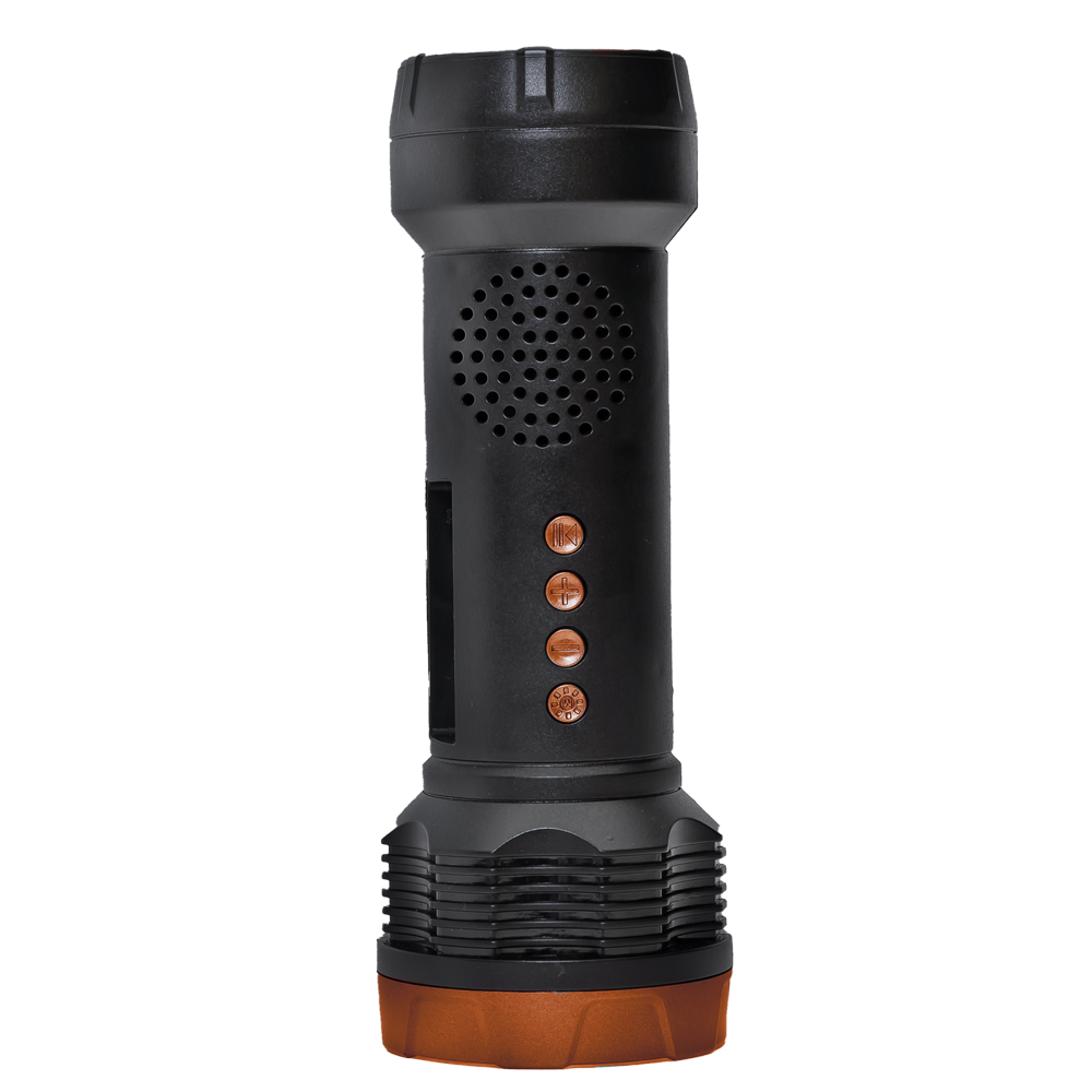 Black flashlight with brown base on a white background