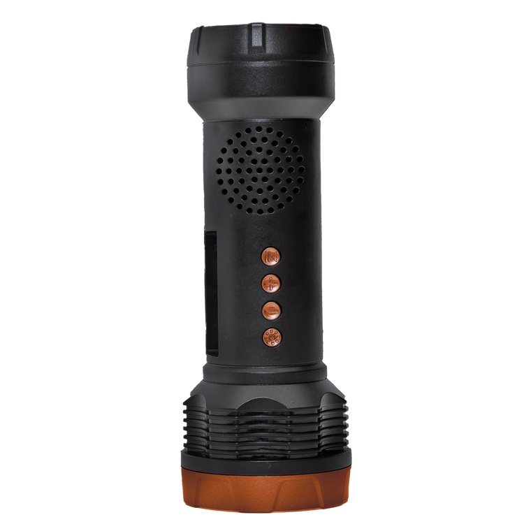 Black flashlight with brown base on a white background