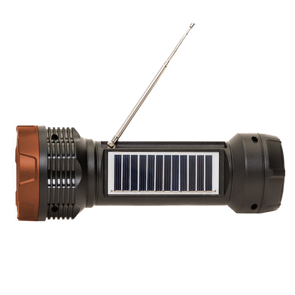 Portable radio with solar panel on a white background