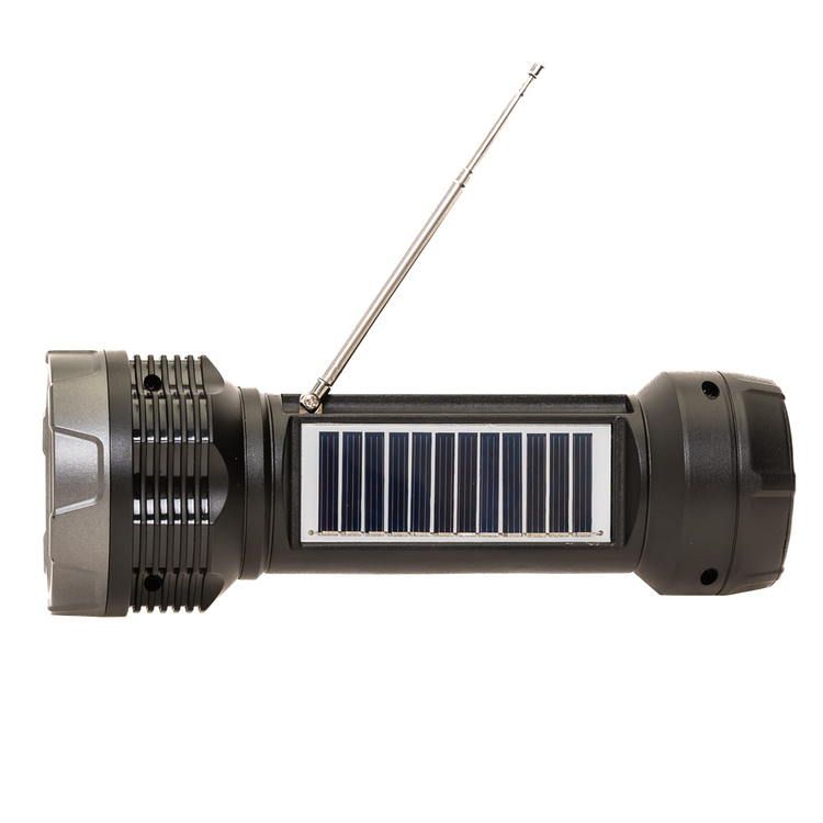 Portable radio with solar panel on a white background