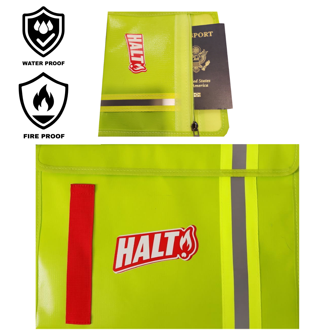 Green waterproof and fireproof pouch with 'HALT!' branding on a white background