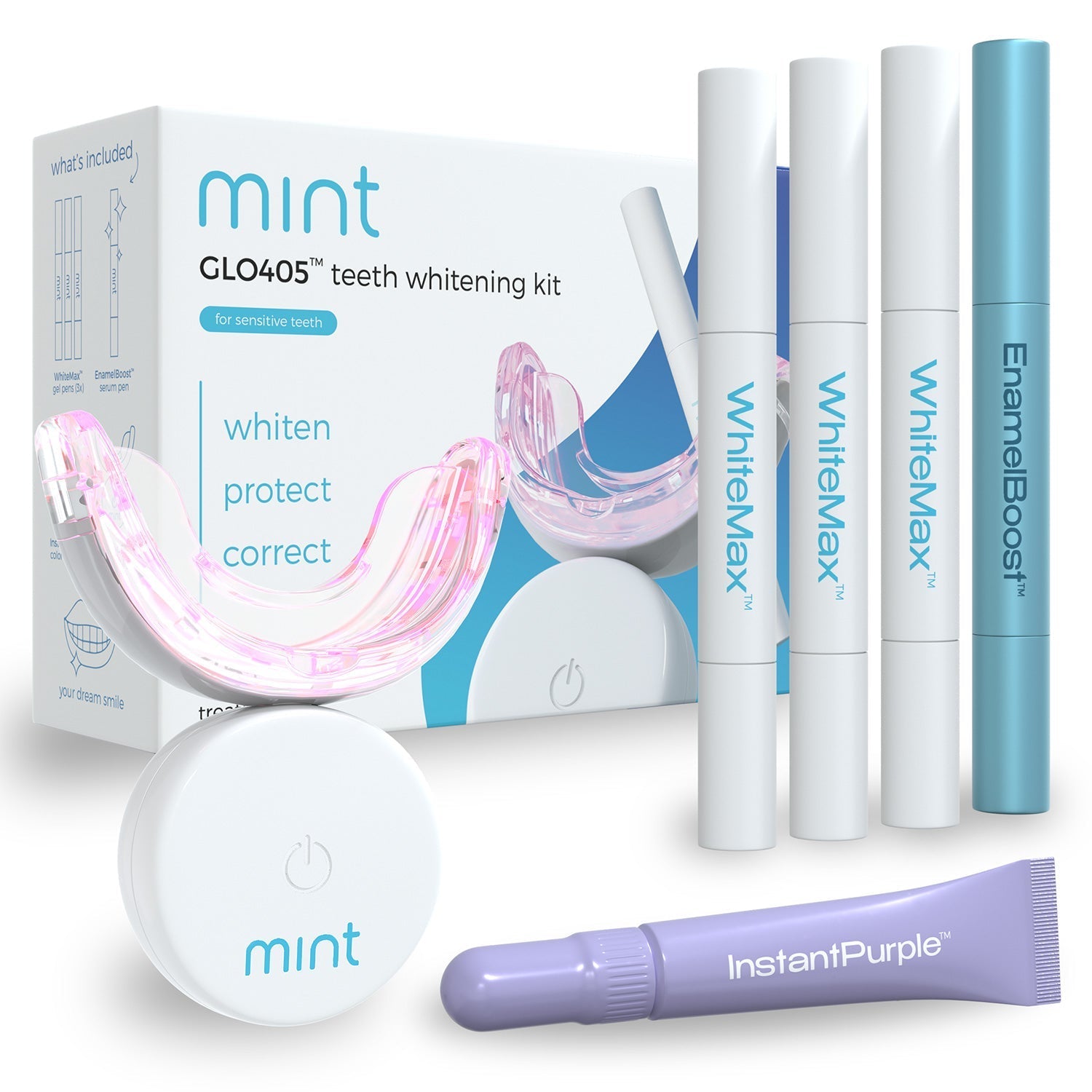 Teeth whitening kit with packaging and various whitening products on a white background