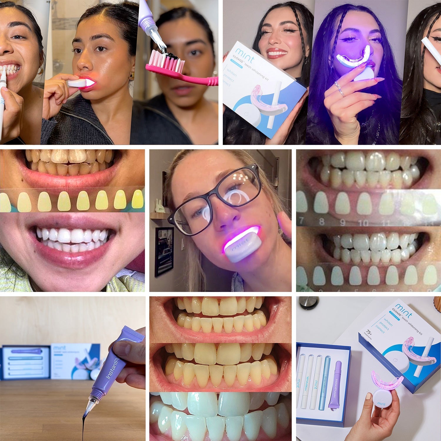 Collage of images showing dental care products and teeth whitening processes.
