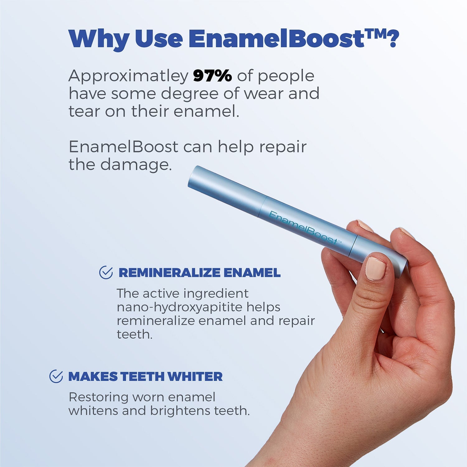 EnamelBoost product with text explaining its benefits on a light blue background