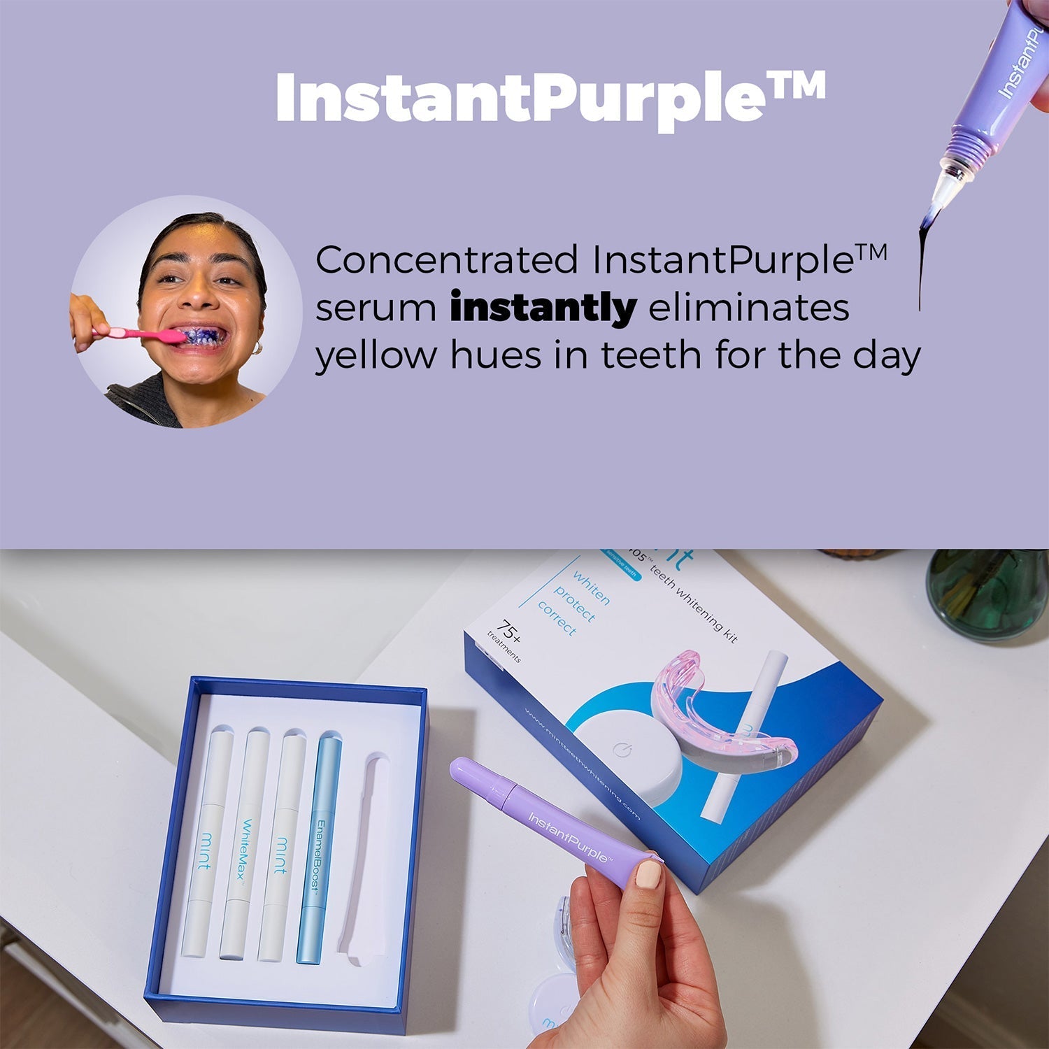InstantPurple serum packaging and usage on a white surface with a purple background