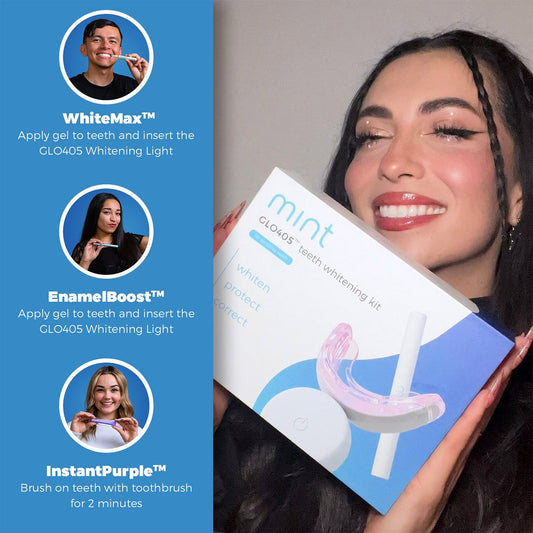 Teeth whitening kit with packaging and various whitening products on a white background