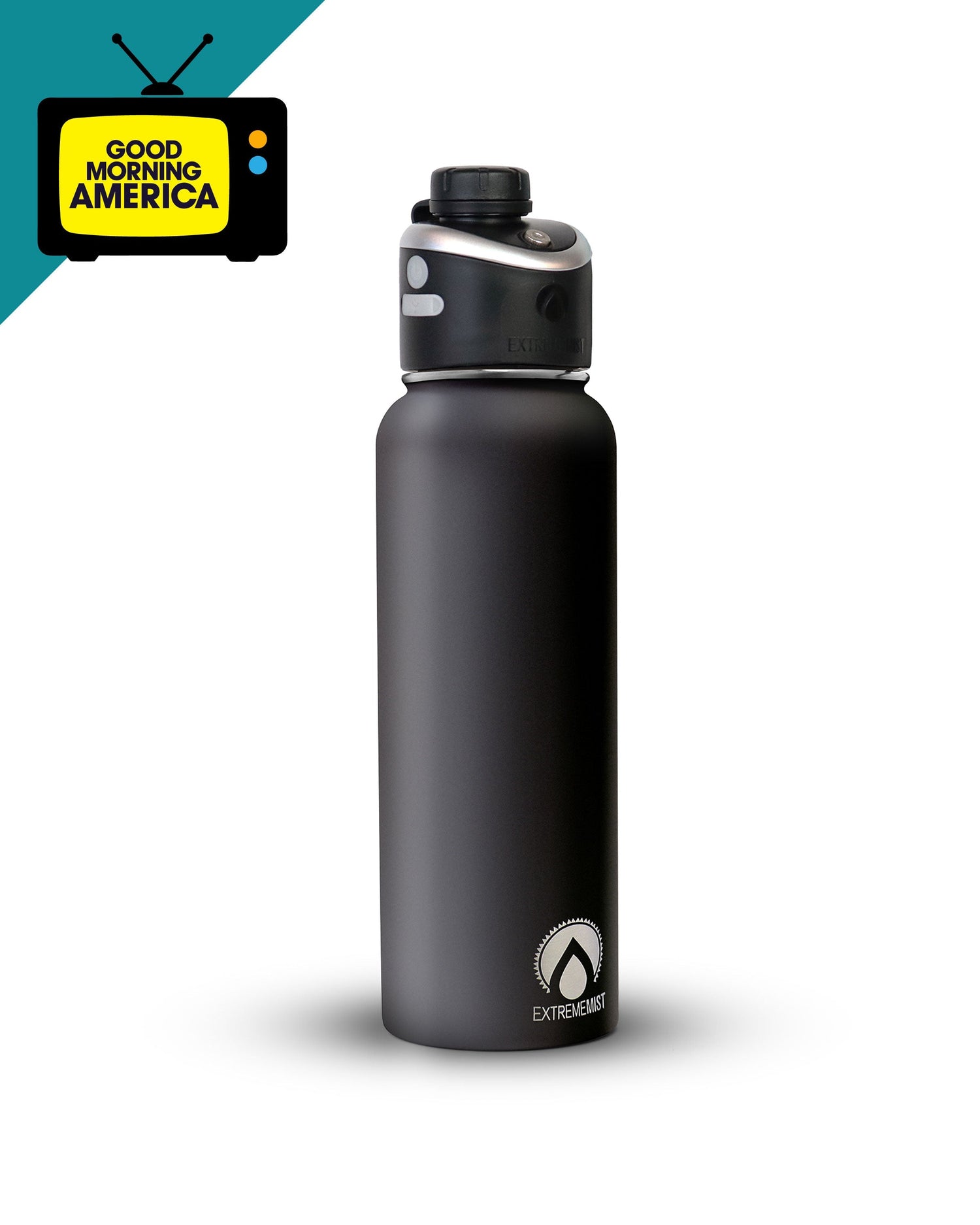 Black water bottle with a logo on a white background, featuring the 'Good Morning America' logo.