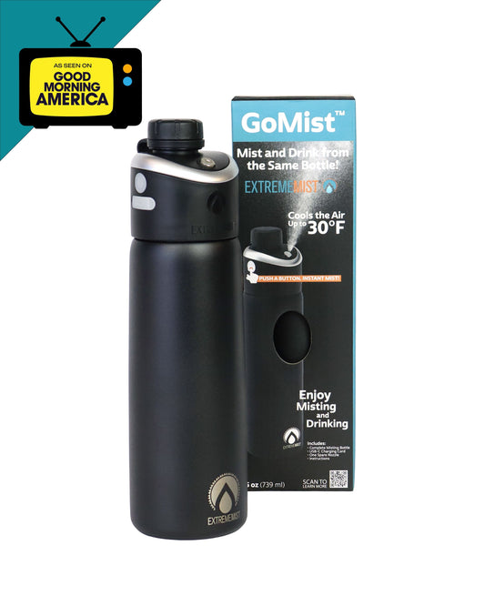Black water bottle with packaging labeled 'GoMist' on a white background