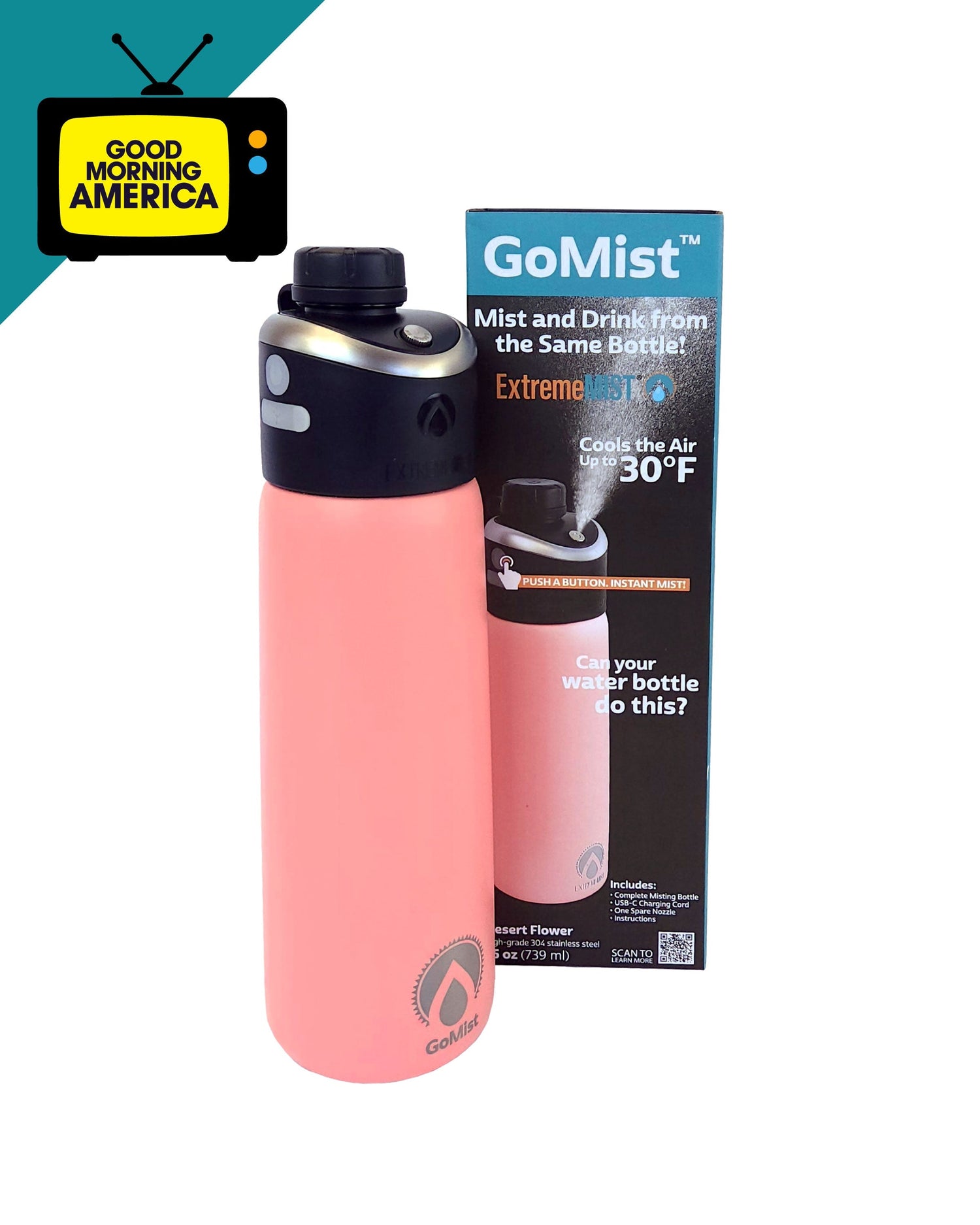 Pink water bottle with black cap and GoMist packaging on a white background