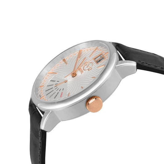 Watch with black leather strap and white face on a white background