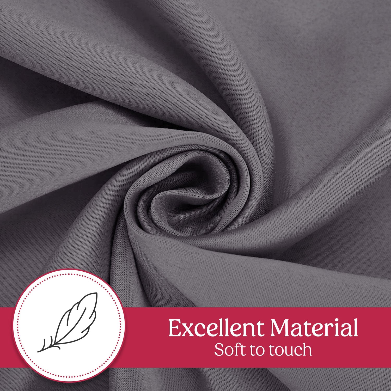 Gray fabric with a feather icon and 'Excellent Material Soft to touch' text