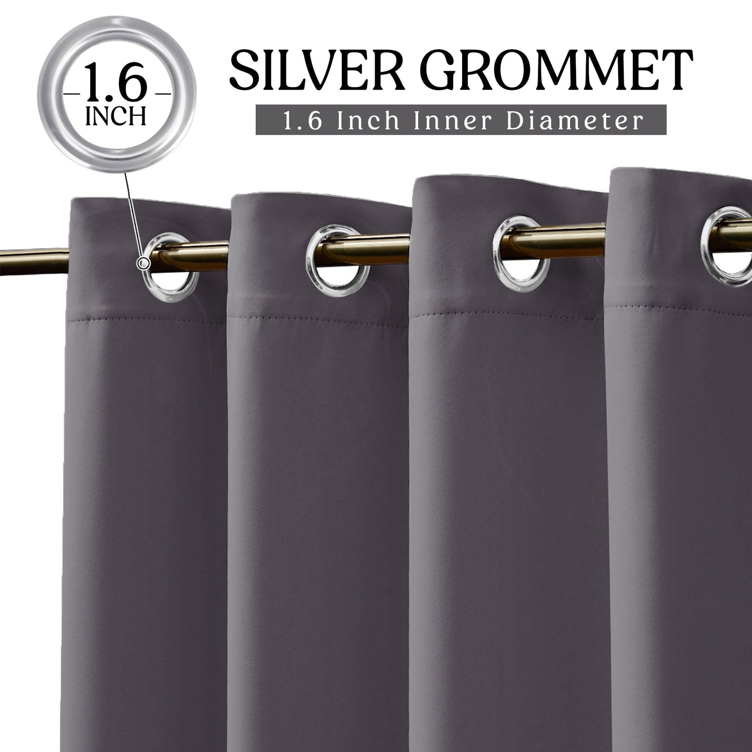 Gray curtains with silver grommets and a 1.6 inch grommet measurement label.