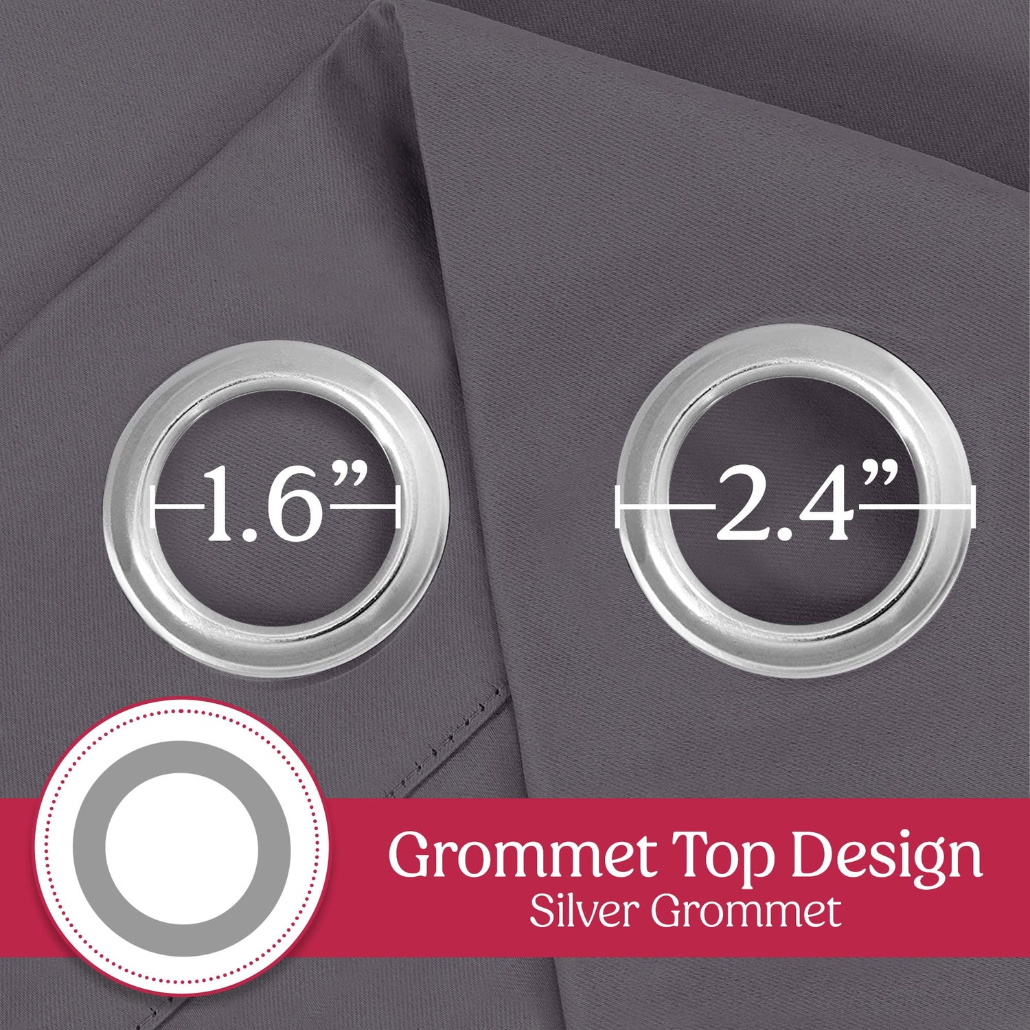 Grommet top design with silver grommets on a gray fabric background