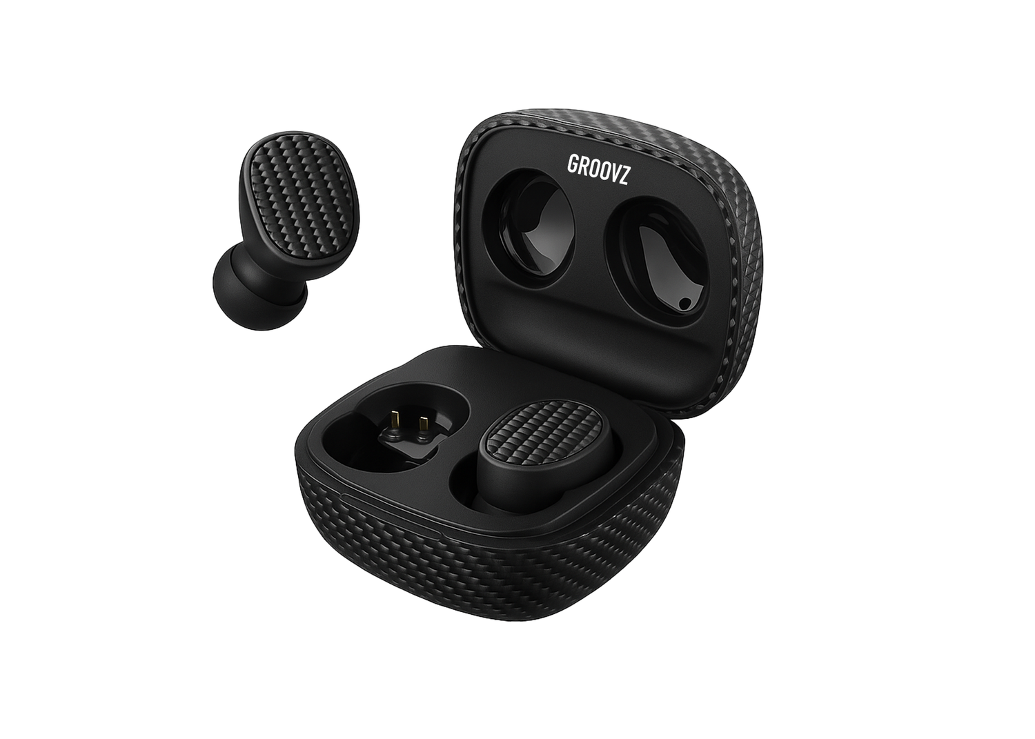 Black wireless earbuds with charging case on a white background, featuring the brand 'Groovz'.