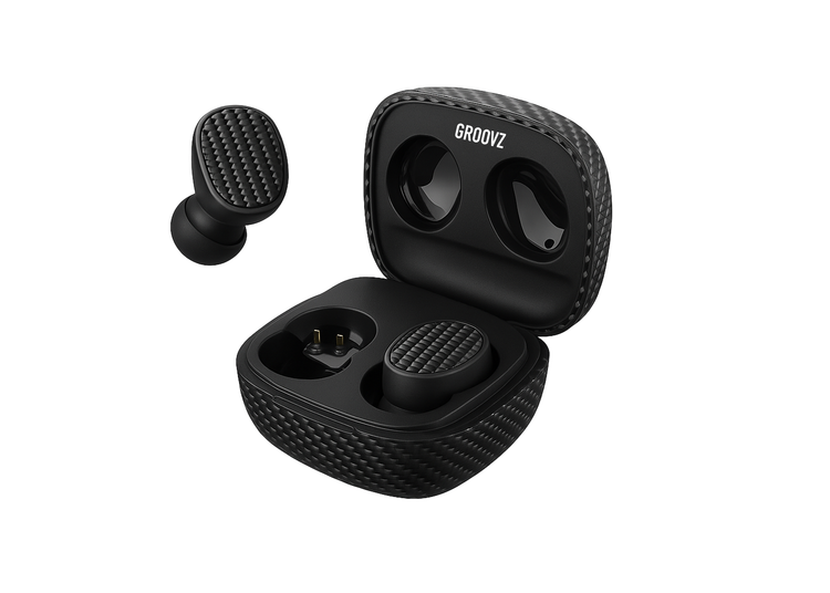 Black wireless earbuds with charging case on a white background, featuring the brand 'Groovz'.