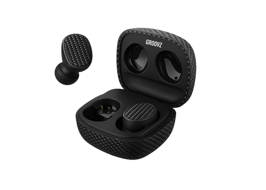 Black wireless earbuds with charging case on a white background, featuring the brand 'Groovz'.