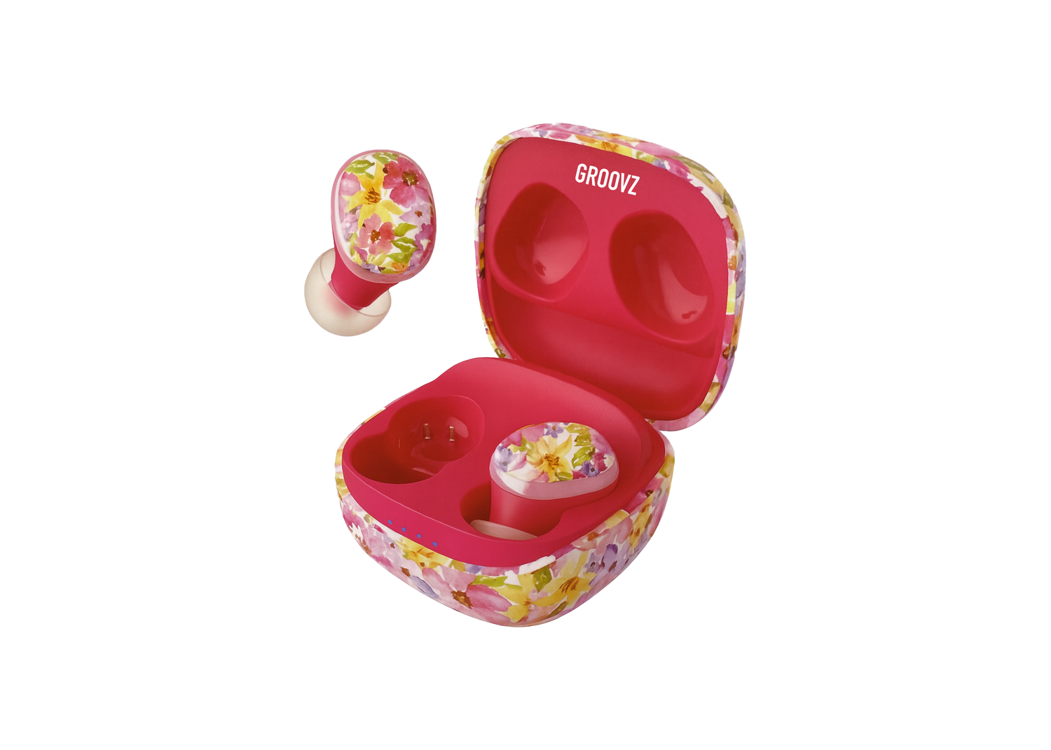 Floral wireless earbuds with matching case on a white background