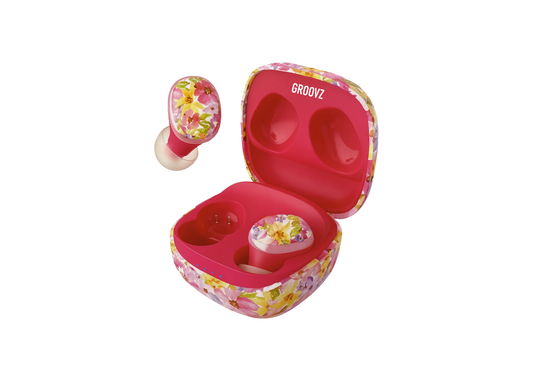 Floral wireless earbuds with matching case on a white background