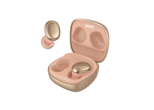 Pink and gold wireless earbuds with charging case on a white background