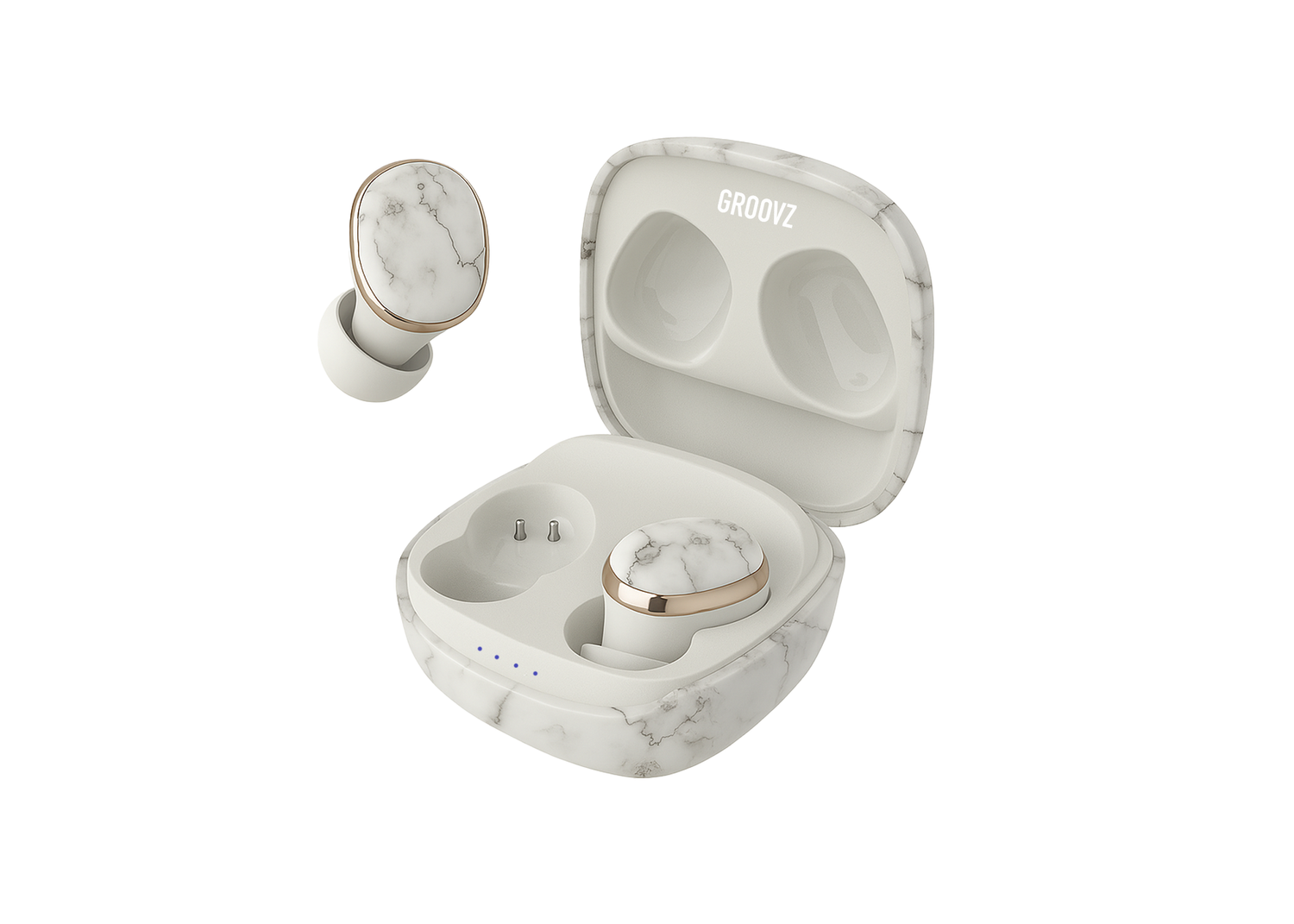 Marble-patterned wireless earbuds with charging case on a white background