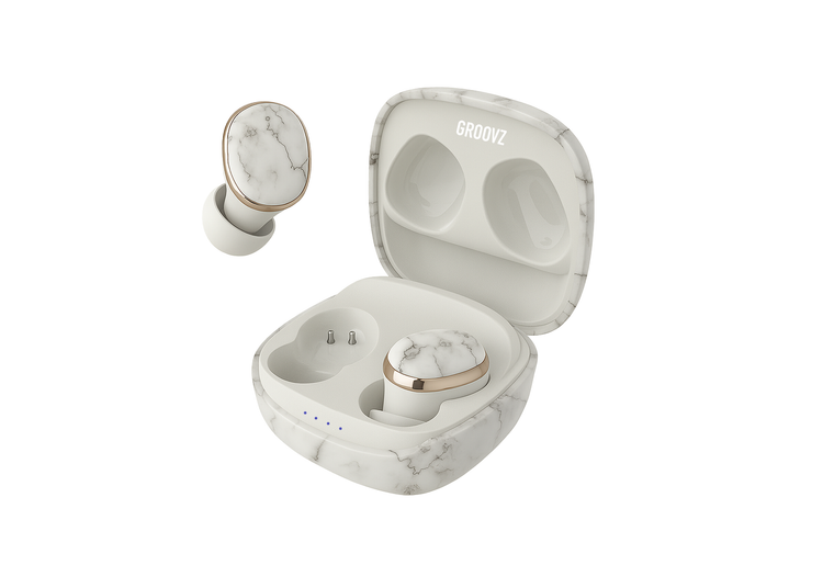 Marble-patterned wireless earbuds with charging case on a white background