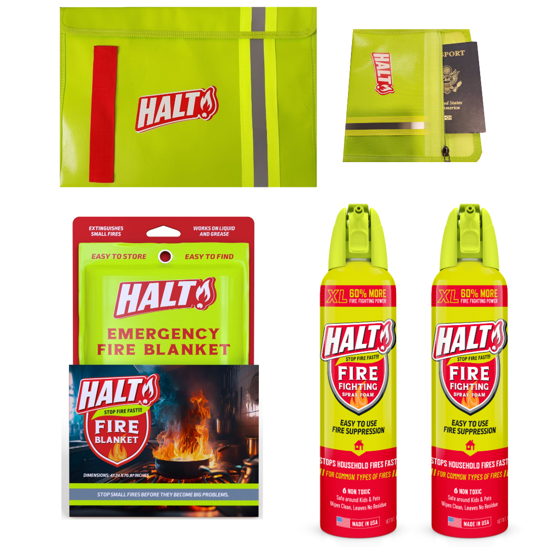 HALT fire fighting products including fire blankets and fire suppression spray on a white background