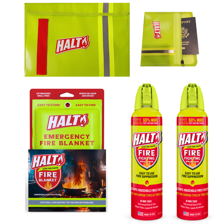 HALT fire fighting products including fire blankets and fire suppression spray on a white background