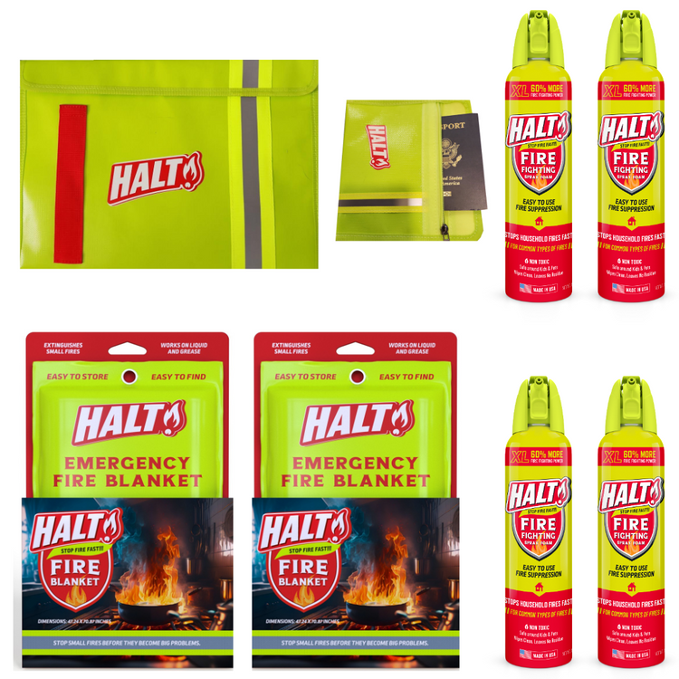 Collection of Halt fire safety products including fire blankets and fire extinguishers on a white background.