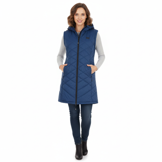 Blue quilted jacket with black accents on a white background